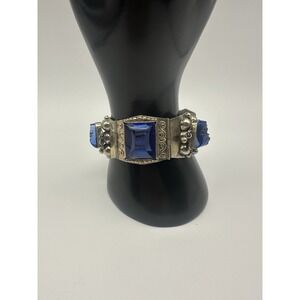 Vintage Hecho En Mexico Silver Panel Bracelet Carved Cobalt Blue Glass Faces